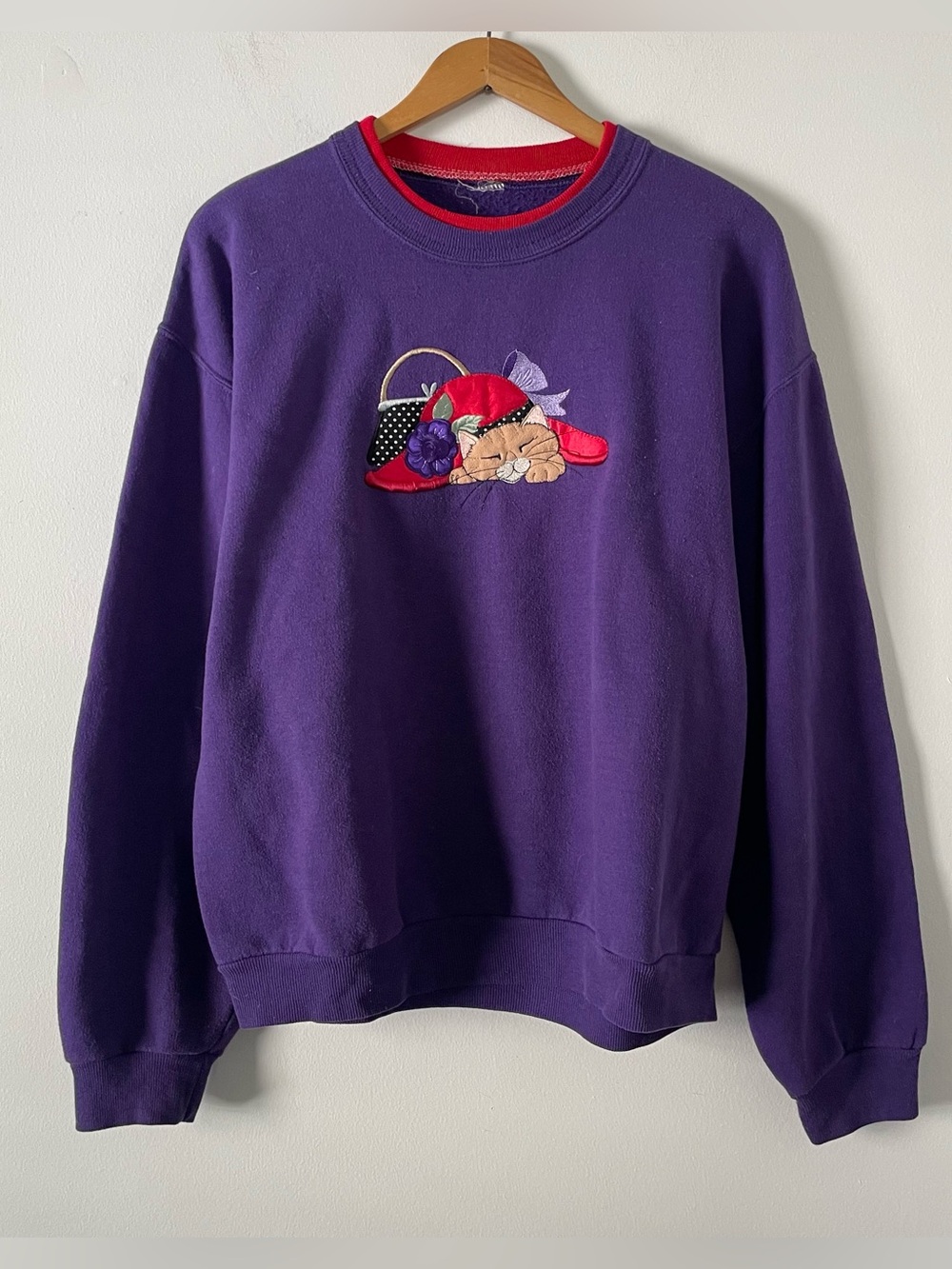 Vintage 00s Purple Red Cat Grandmacore Double Neck Sweatshirt Size Large